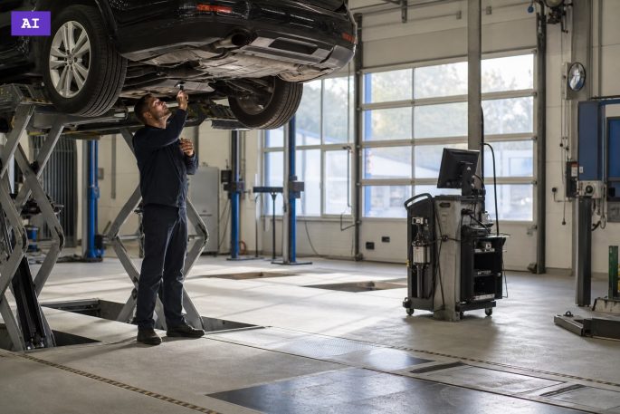 Mechanik sprawdza samochód podczas przeglądu technicznego (grafika wygenerowana przez AI)